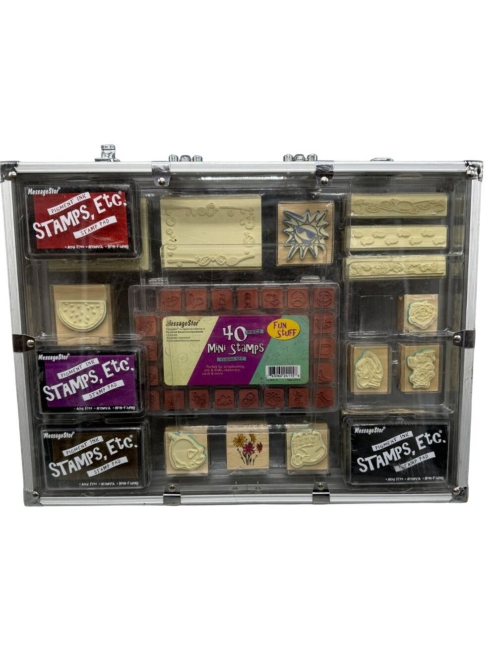 58-Piece Mini Stamps & Pigment Ink Pad Set In Aluminum plastic Case READ